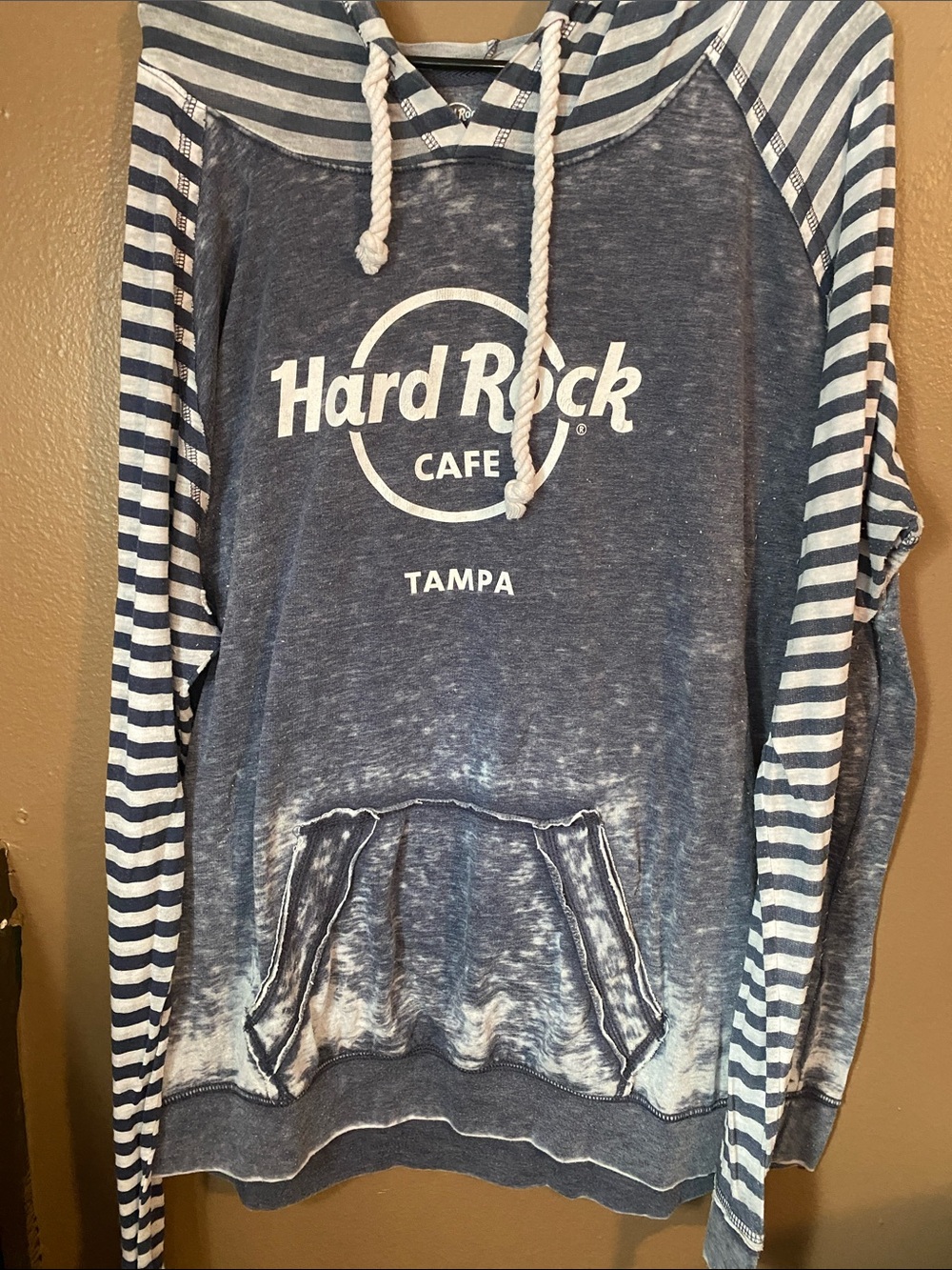 Hard Rock Cafe Navy Blue & White Striped Hooded Sweatshirt